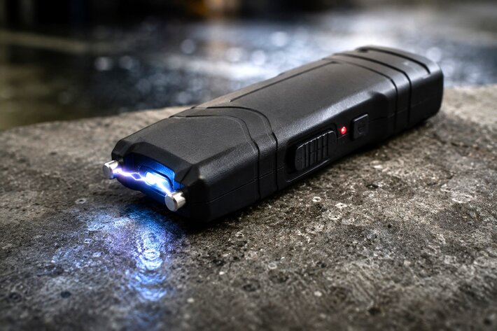 Taser tazer shocker rechargeable avec lampe LED sur une surface en pierre